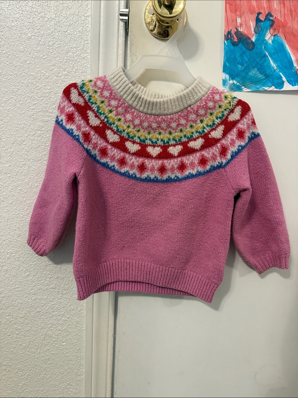 Old Navy Pink Fair Isle Yoke Kids Sweater with Multicolor Pattern
